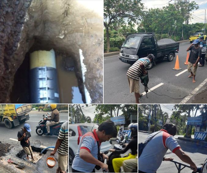 Pelaksanaan perbaikan kebocoran pipa 12” PVC Jl. Hangtuah (Depan gardu induk) 