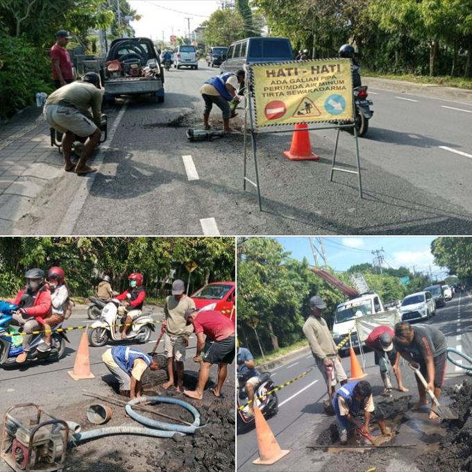 Pelaksanaan perbaikankebocoran pipa Distribusi di Jl. Hangtuah Sanur Dps (Depan Gardu PLN) 