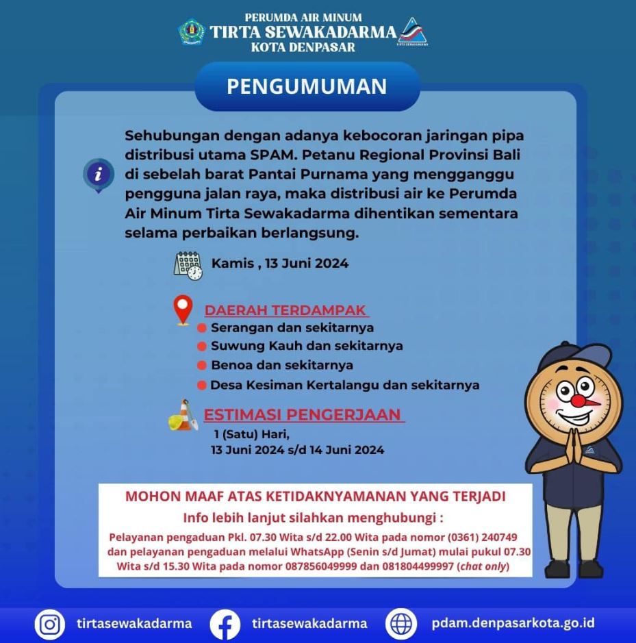 Kebocoran jaringan pipa distribusi utama SPAM. Petanu Regional Provinsi Bali di sebelah Barat Pantai Purnama