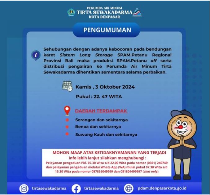 Kebocoran pada bendungan karet Sistem Long Storage SPAM.Petanu Regional Provinsi Bali