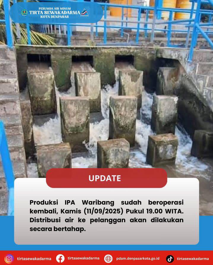 Produksi Instalasi Pengolahan Air (IPA) Waribang sudah berproduksi kembali 11/09/2025